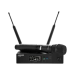 Shure QLXD2 KSM9HS wireless microphone transmitter shown from side angle with frequency band controls visible