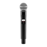 Shure QLXD2 handheld wireless transmitter with SM58 capsule, front view showing microphone head and controls