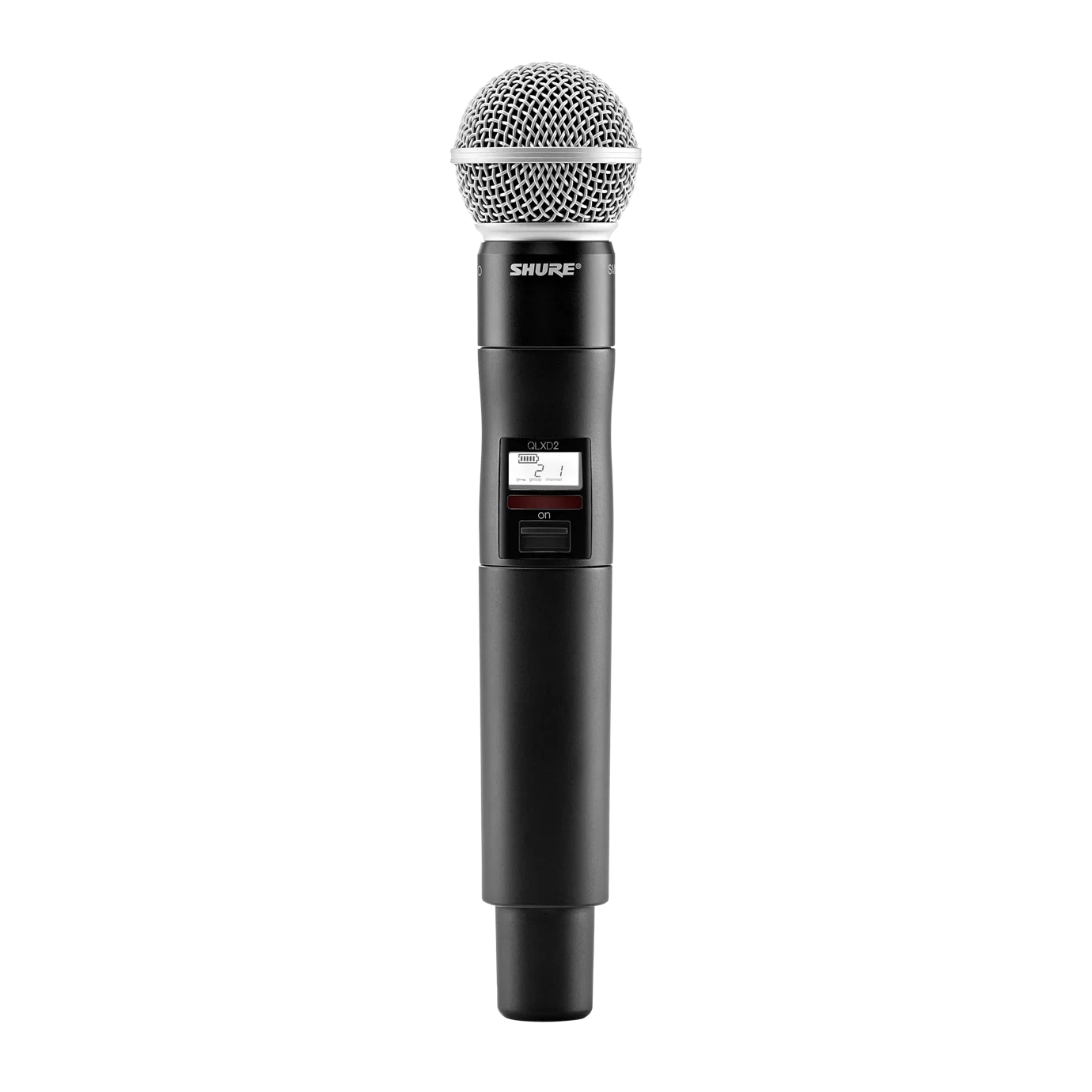 Shure QLXD2 SM58 Handheld Wireless Transmitter Shure QLXD2 handheld wireless transmitter with SM58 capsule, front view showing microphone head and controls