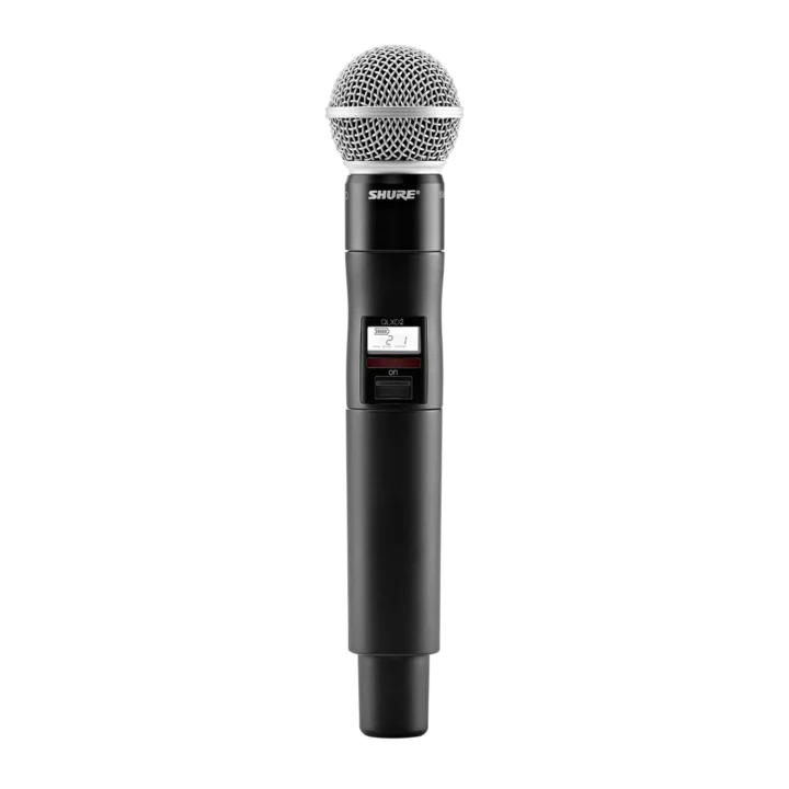 Shure QLXD2 handheld wireless transmitter with SM58 capsule, front view showing microphone head and controls