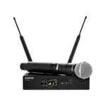 Shure QLXD2 SM58 handheld wireless transmitter microphone showing side profile and grip design