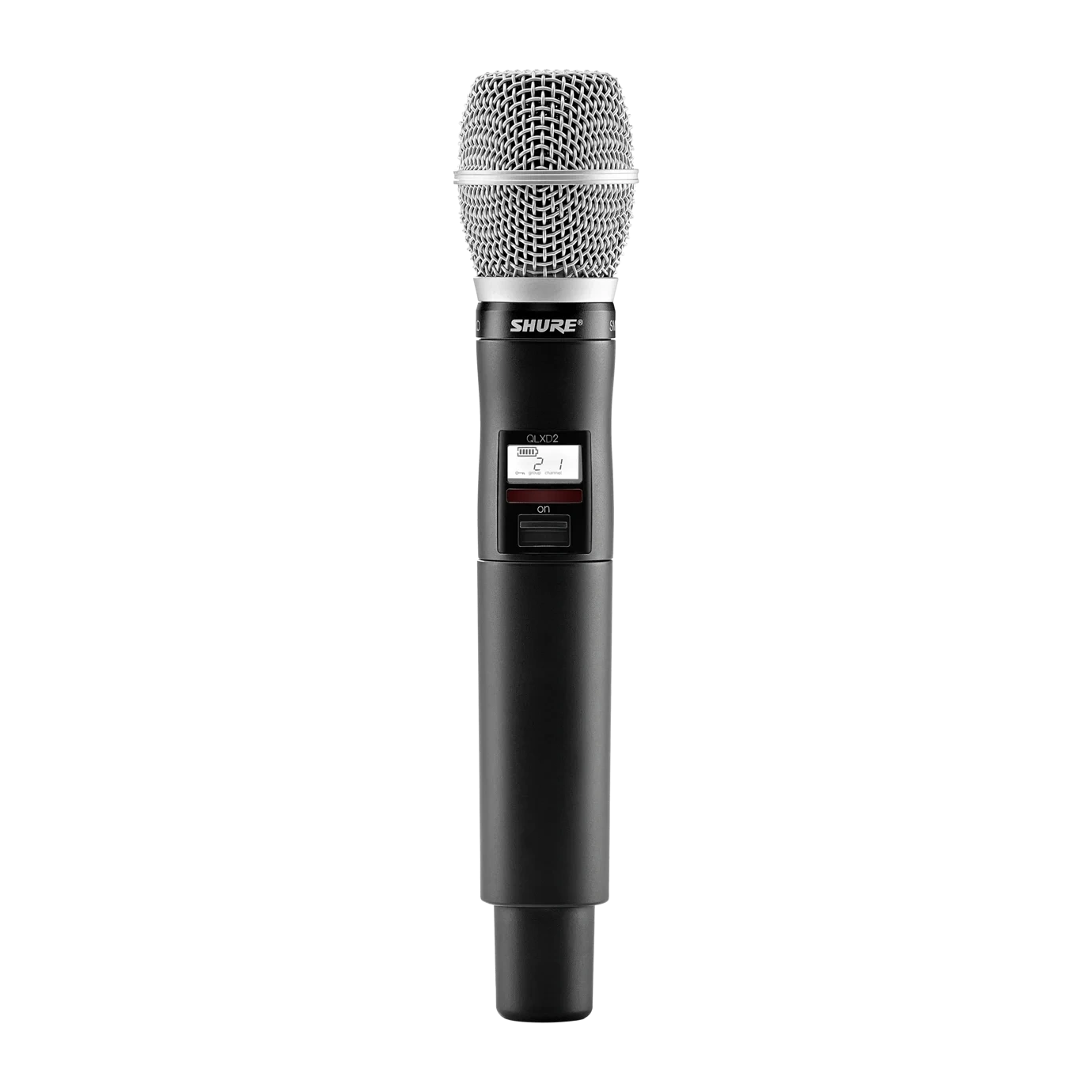 Shure QLXD2 SM86 Handheld Wireless Microphone Transmitter Shure QLXD2 handheld wireless microphone transmitter with SM86 capsule, front view