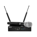 Shure QLXD2 handheld wireless transmitter with SM86 capsule shown from side angle, displaying grip and control interface