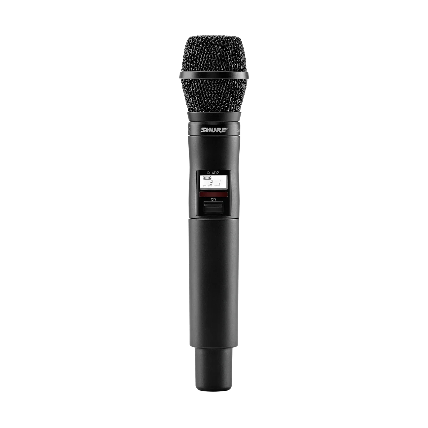 Shure QLXD2 SM87 Handheld Wireless Microphone Transmitter Shure QLXD2 handheld wireless microphone transmitter with SM87 capsule, front view