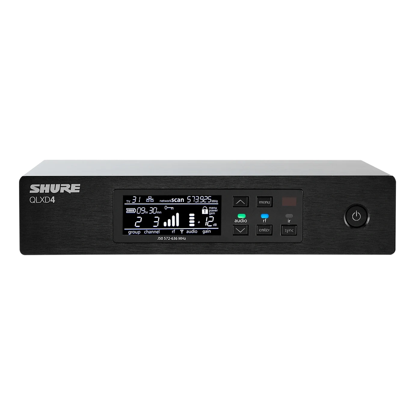 Shure QLXD4 Digital Wireless Receiver Front View Shure QLXD4 digital wireless receiver with LCD display and control buttons, H50 band