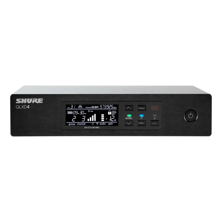 Shure QLXD4 digital wireless receiver with LCD display and front panel controls