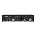 Shure QLXD4 digital wireless receiver rear panel showing antenna connections and audio outputs