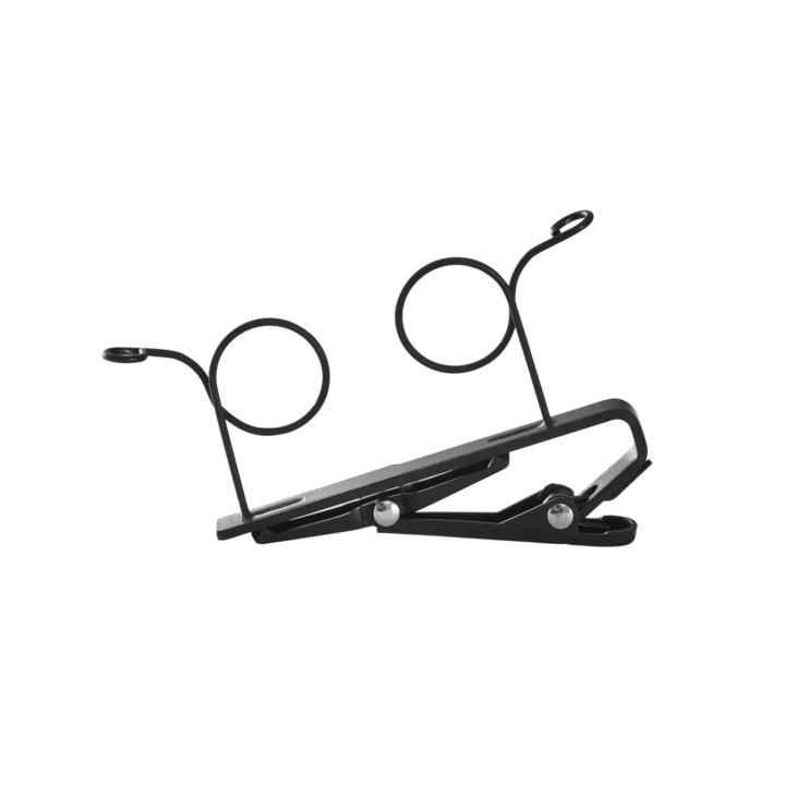 Shure RK187T2 WL18Xm black dual-mount tie clip for lavalier microphones front view