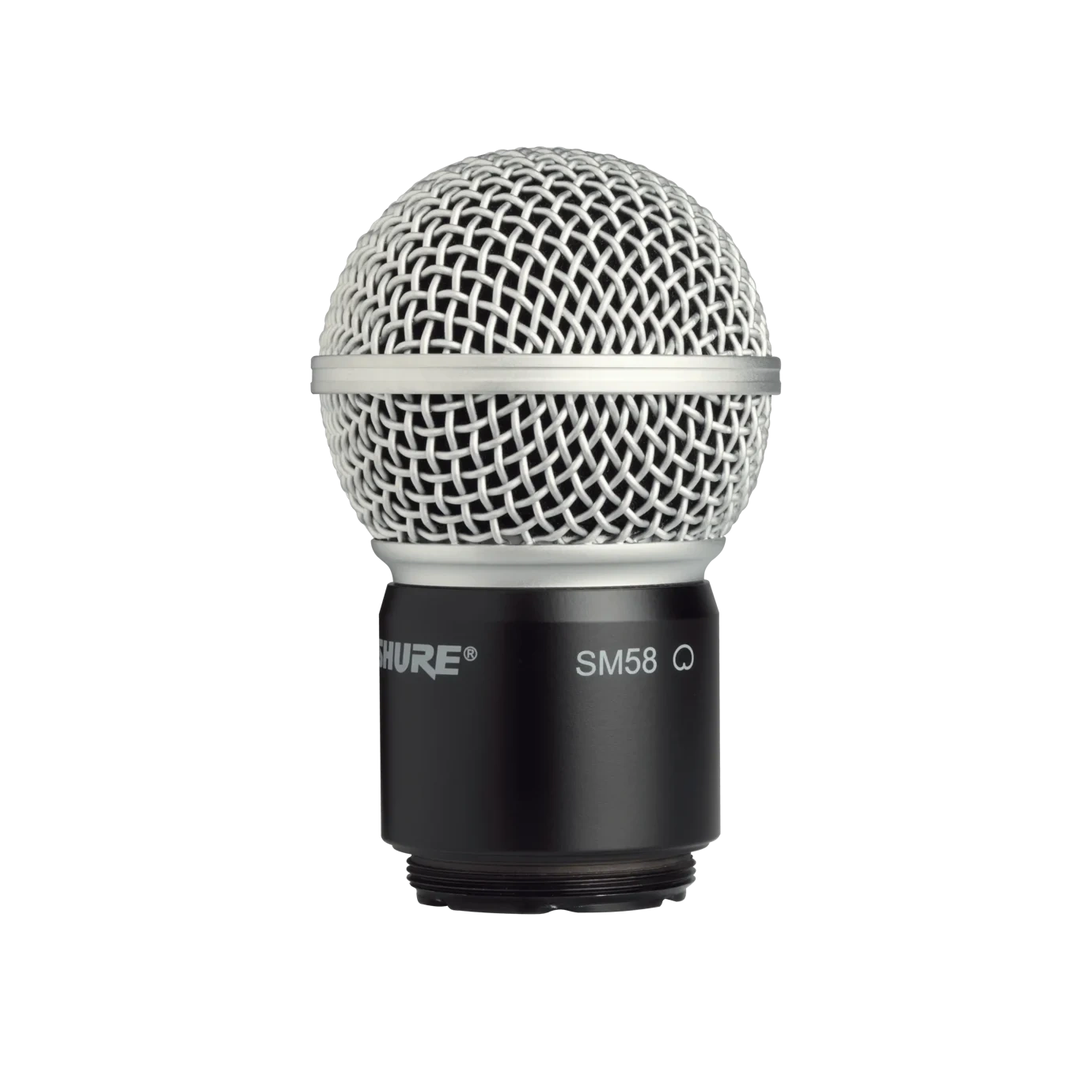 Shure RPW112 Wireless SM58 Microphone Cartridge Front Shure RPW112 wireless microphone cartridge with SM58 capsule, front view showing grille and housing