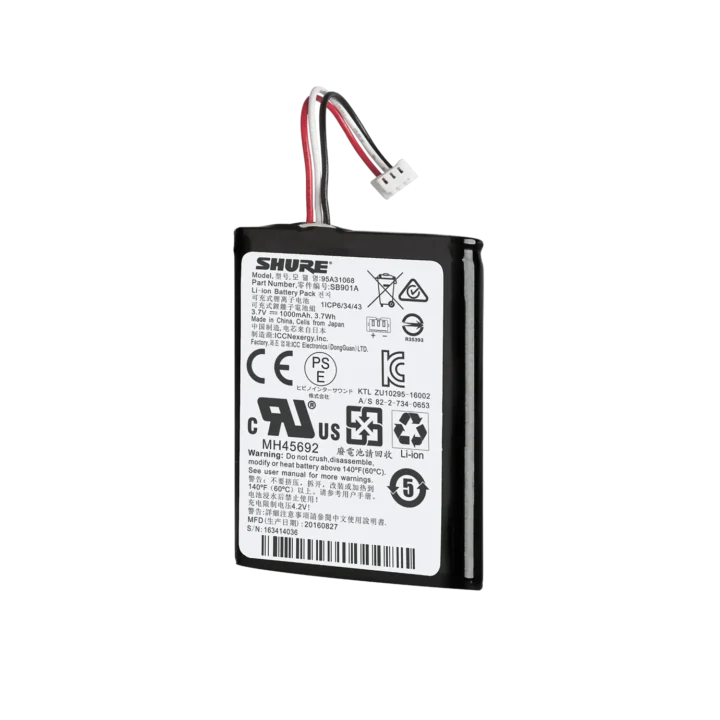 Shure SB901A rechargeable lithium-ion battery pack front view with charging contacts visible