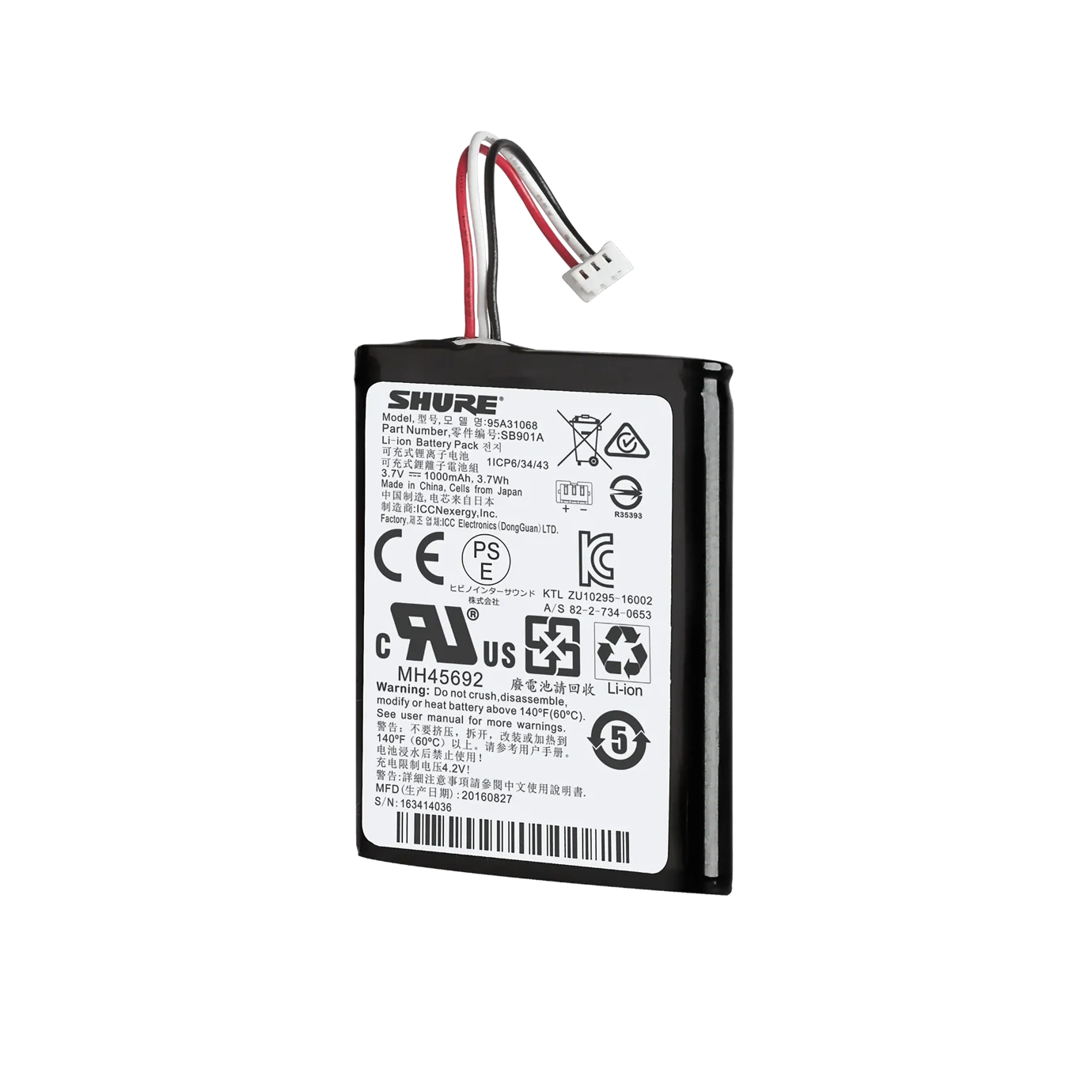 Shure SB901A Rechargeable Lithium-Ion Battery Pack Shure SB901A rechargeable lithium-ion battery pack front view with charging contacts visible