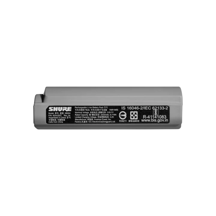 Shure SB904 lithium-ion rechargeable battery with charging contacts and status indicators visible