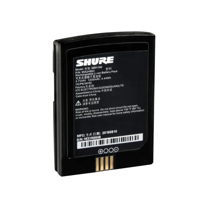 Shure SB910M lithium-ion rechargeable battery pack with charging contacts and status indicator