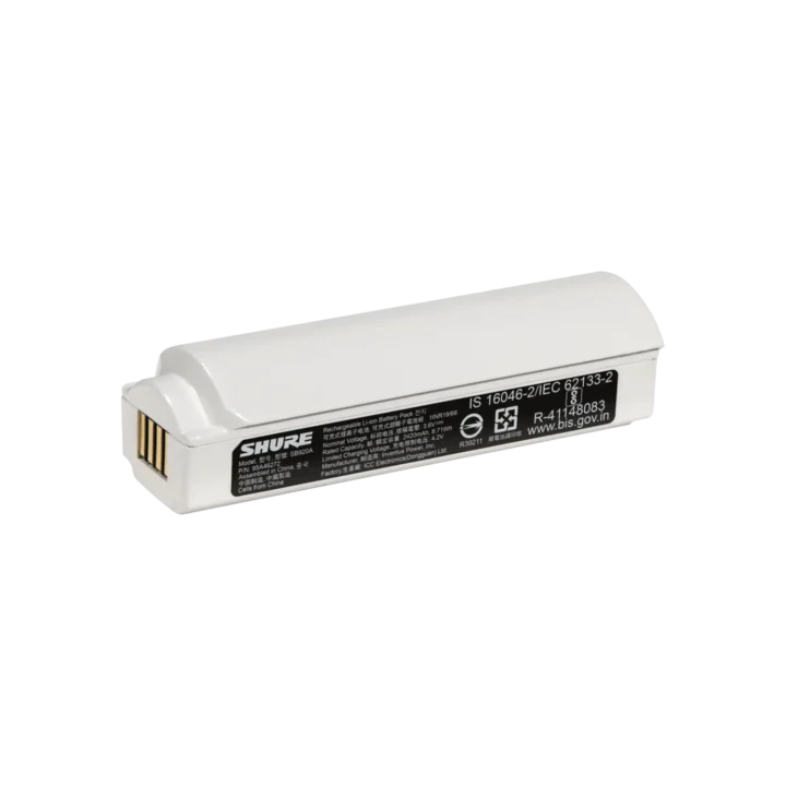 Shure SB920A lithium-ion rechargeable battery pack with charging contacts and safety indicators