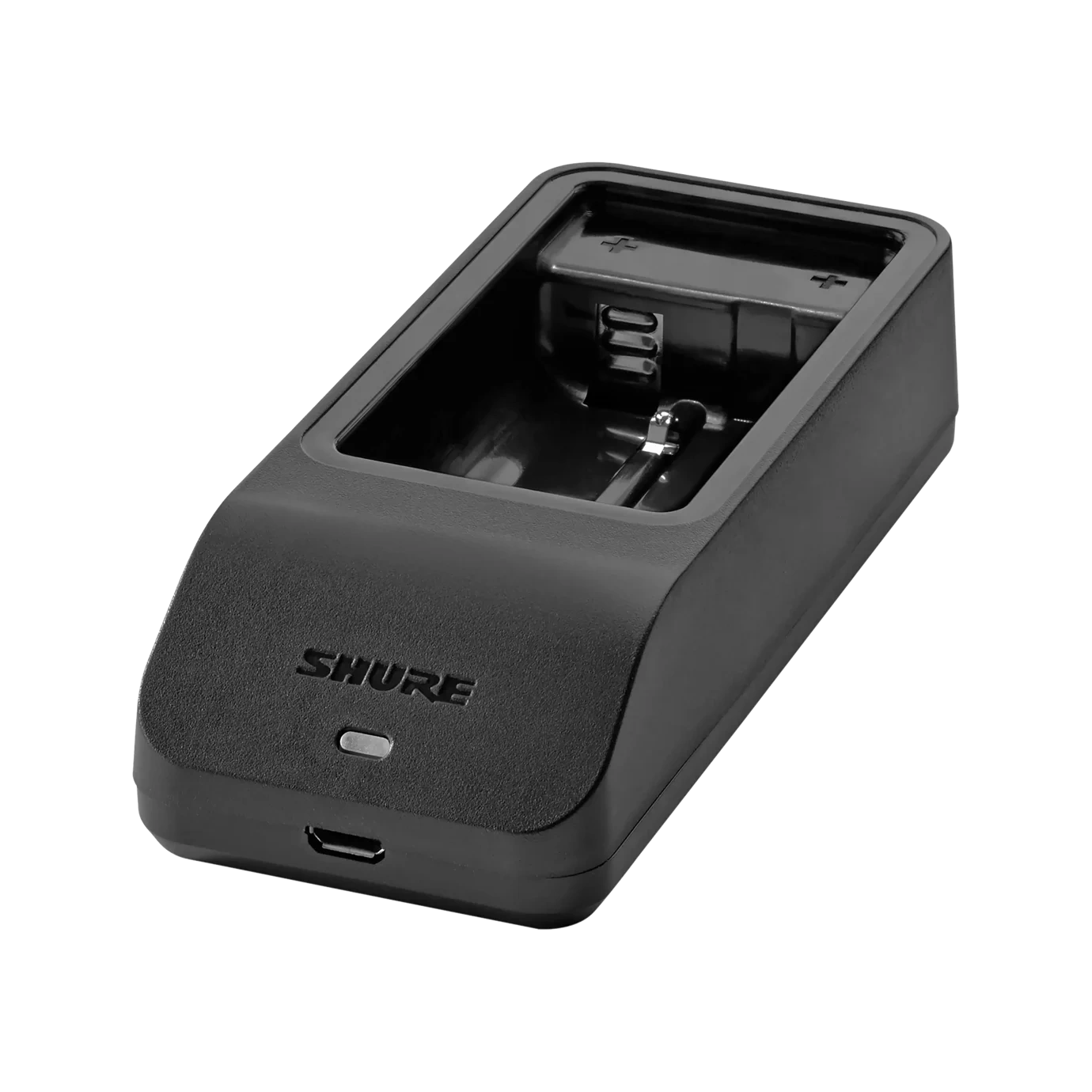 Shure SBC10-100 USB Battery Charger Front View Shure SBC10-100 USB single battery charger with front-facing charging port and LED indicators