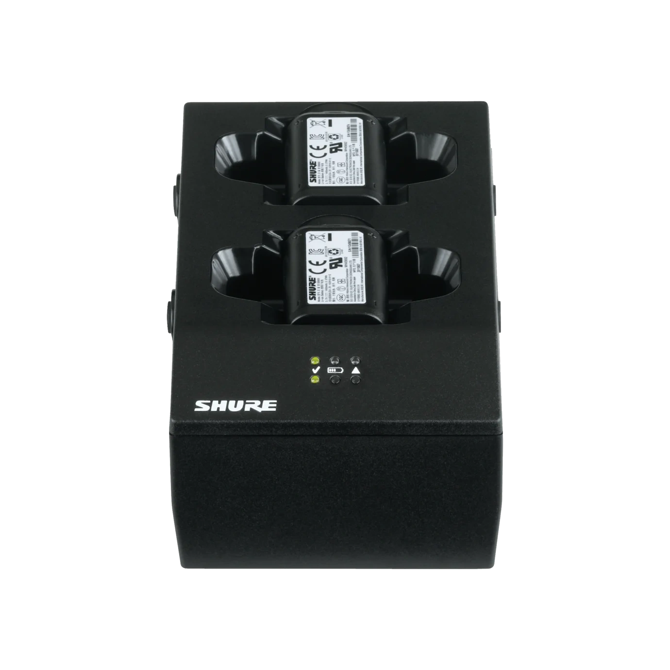 Shure SBC200 Dual Docking Recharging Station Front View Shure SBC200 dual docking recharging station with two charging bays and power indicator lights