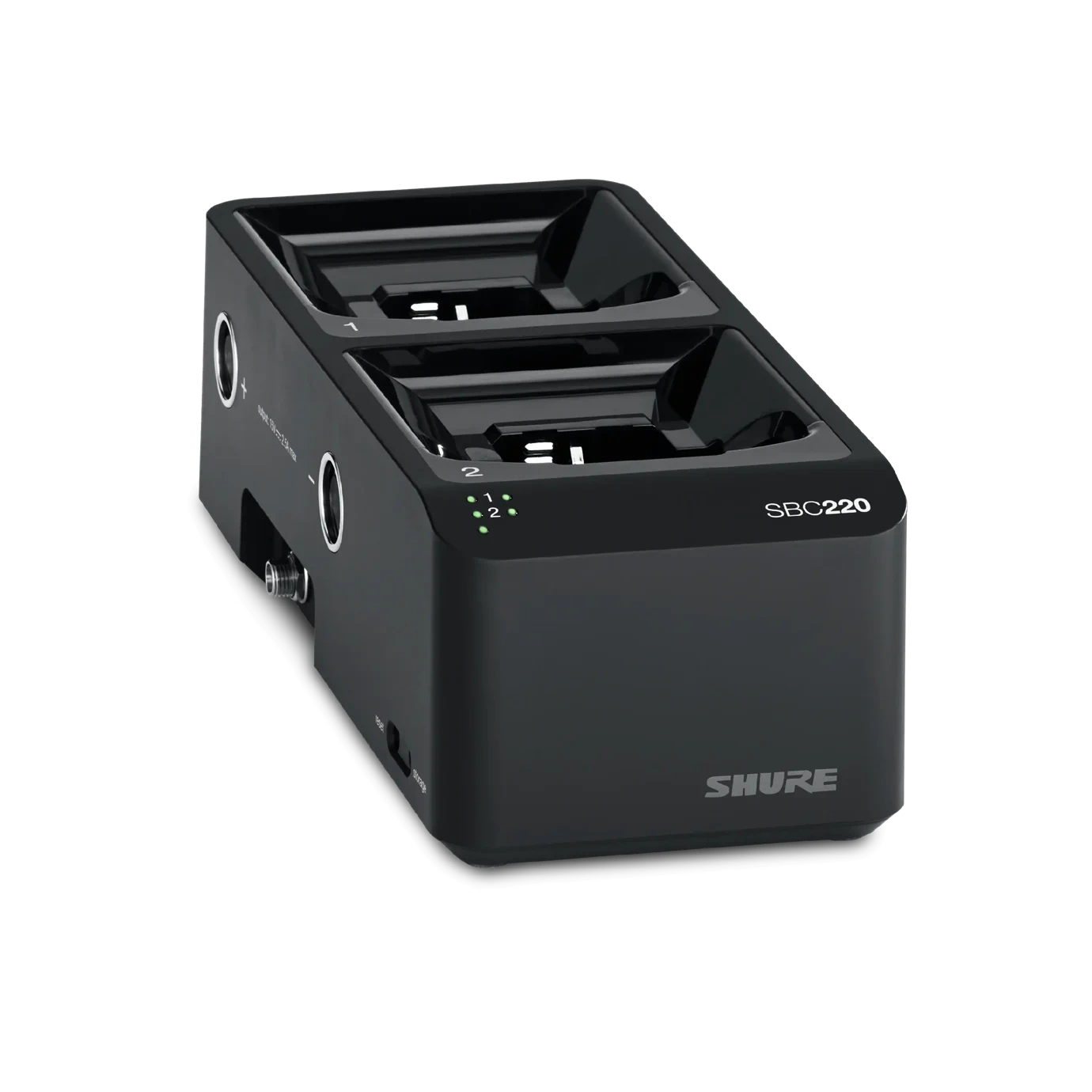 Shure SBC220 2-Bay Networked Docking Charger Front View Shure SBC220 two-bay networked docking charger with dual charging bays and front panel display