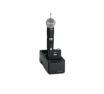 Shure SBC220 networked docking charger with dual charging bays and network connectivity ports visible from above