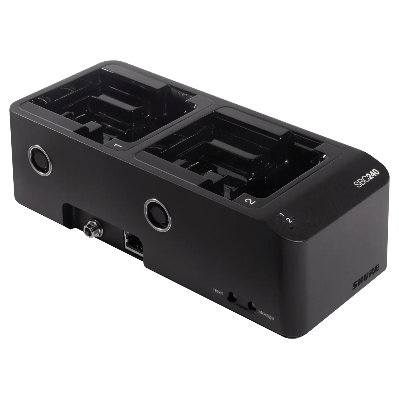 Shure SBC240 Two-Bay Battery Charger Front View Shure SBC240 networked docking charger with dual battery bays and front-facing controls