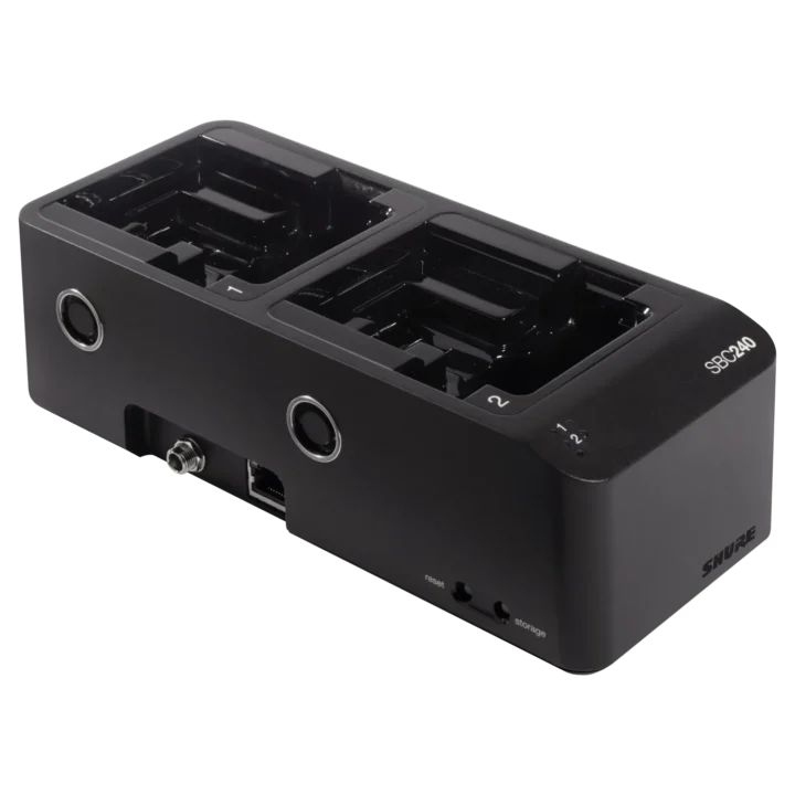 Shure SBC240 networked two-bay docking charger for SB910 and SB920A batteries, front view