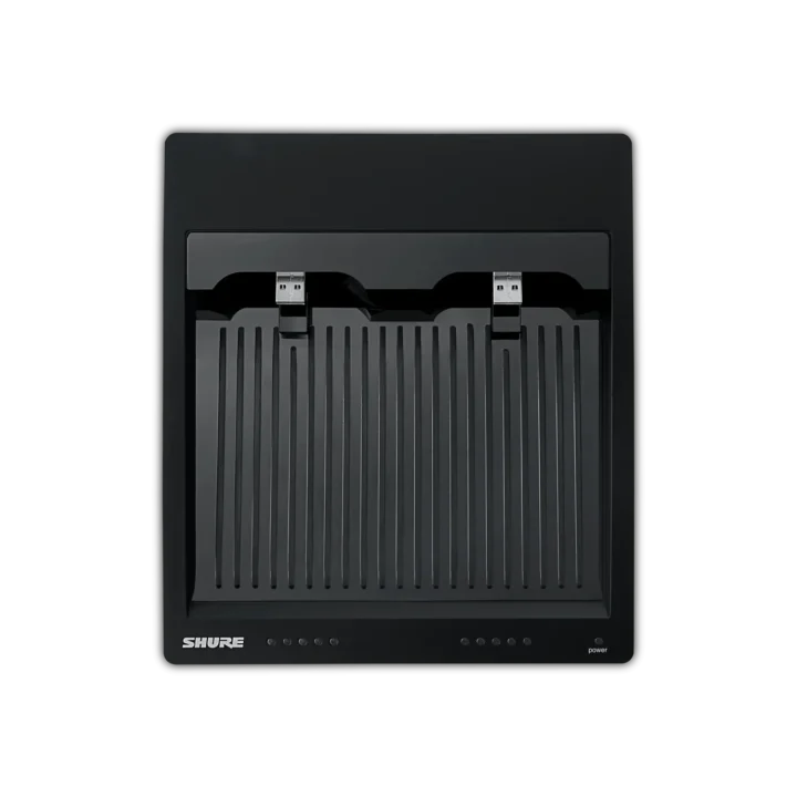 Shure SBC250 dual-bay networked charging station with front-facing display and charging ports