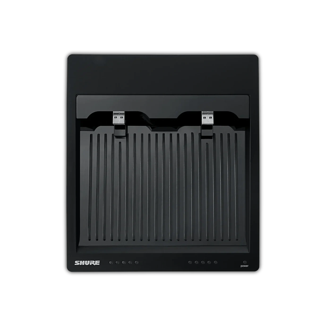 Shure SBC250 2-Bay Networked Charging Station Front View Shure SBC250 dual-bay networked charging station with front-facing display and charging ports