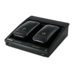 Shure SBC250 two-bay networked charging station displaying top panel with dual charging bays and control interface