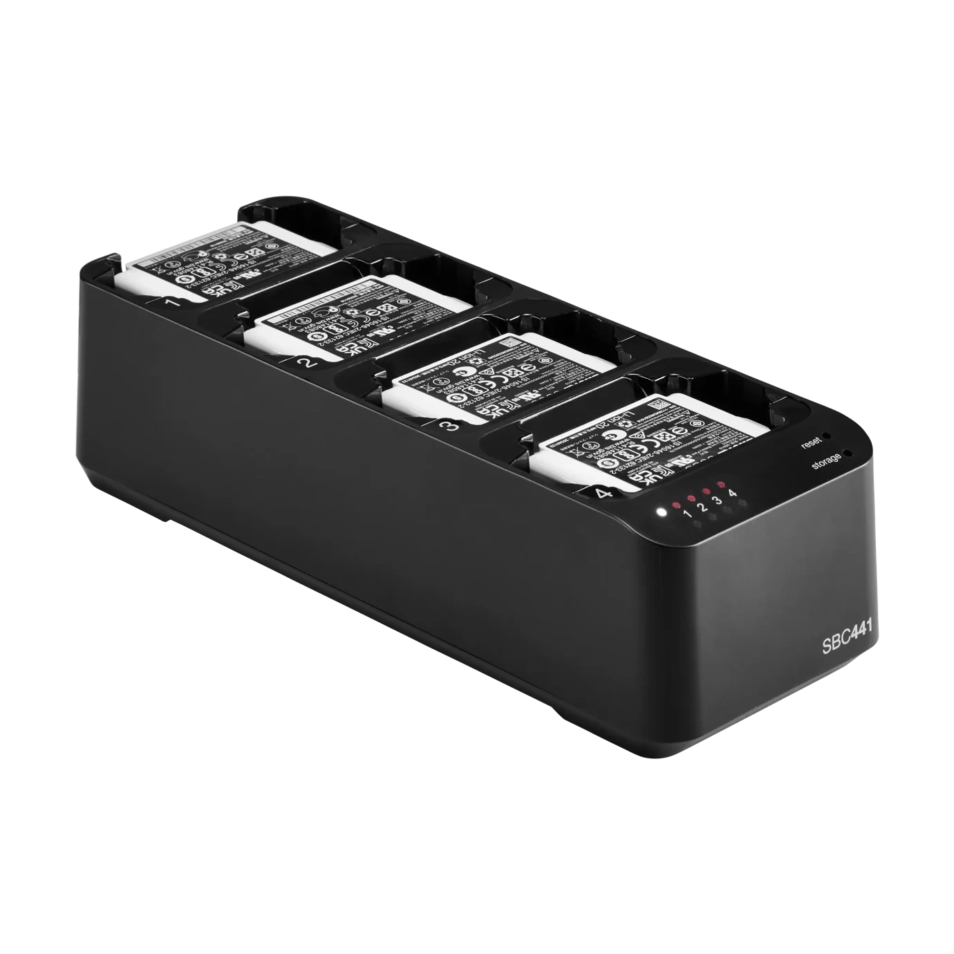 Shure SBC441 Axient Digital 4-Bay Docking Charger Front Shure SBC441 Axient Digital PSM 4-bay docking charger with four charging slots and status indicators