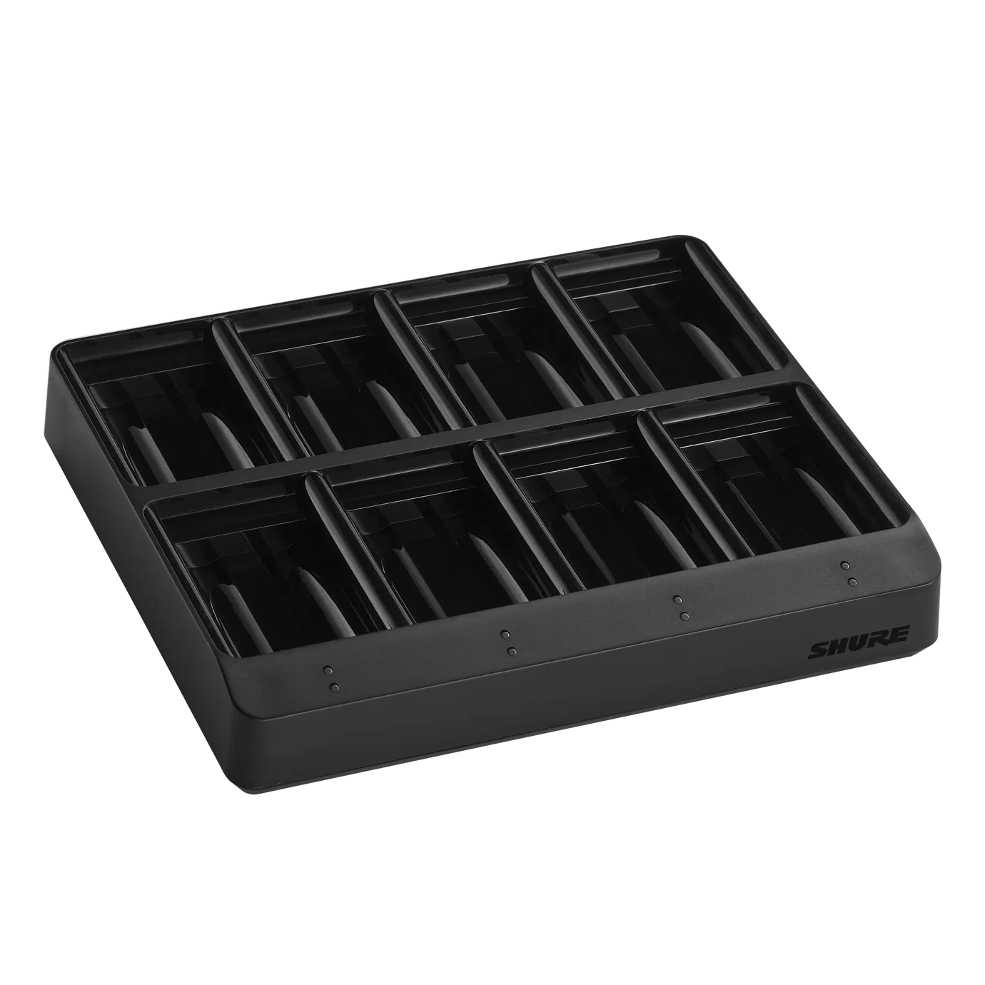 Shure SBC80-903 8-Bay Battery Charger Front View Shure SBC80-903 eight-bay battery charger with charging bay indicators and power connections