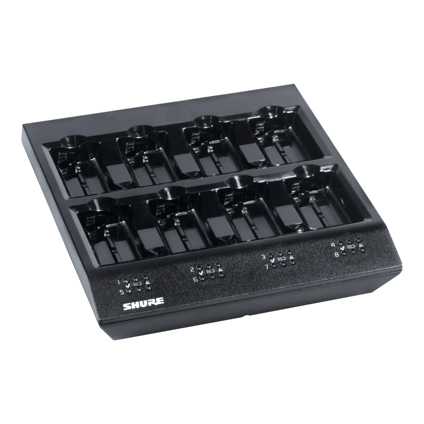 Shure SBC800 8-Up Battery Charger Front View Shure SBC800 8-Up Battery Charger with eight charging slots and LED status indicators