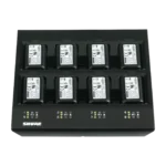 Shure SBC800 8-Up Battery Charger showing eight charging slots and status indicators from above