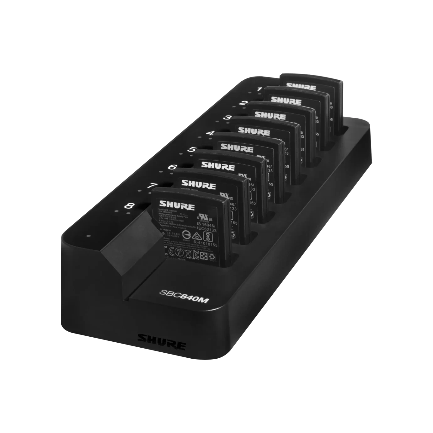 Shure SBC840M Eight-Bay Networked Battery Charger Shure SBC840M eight-bay networked charger for SB910M batteries front view