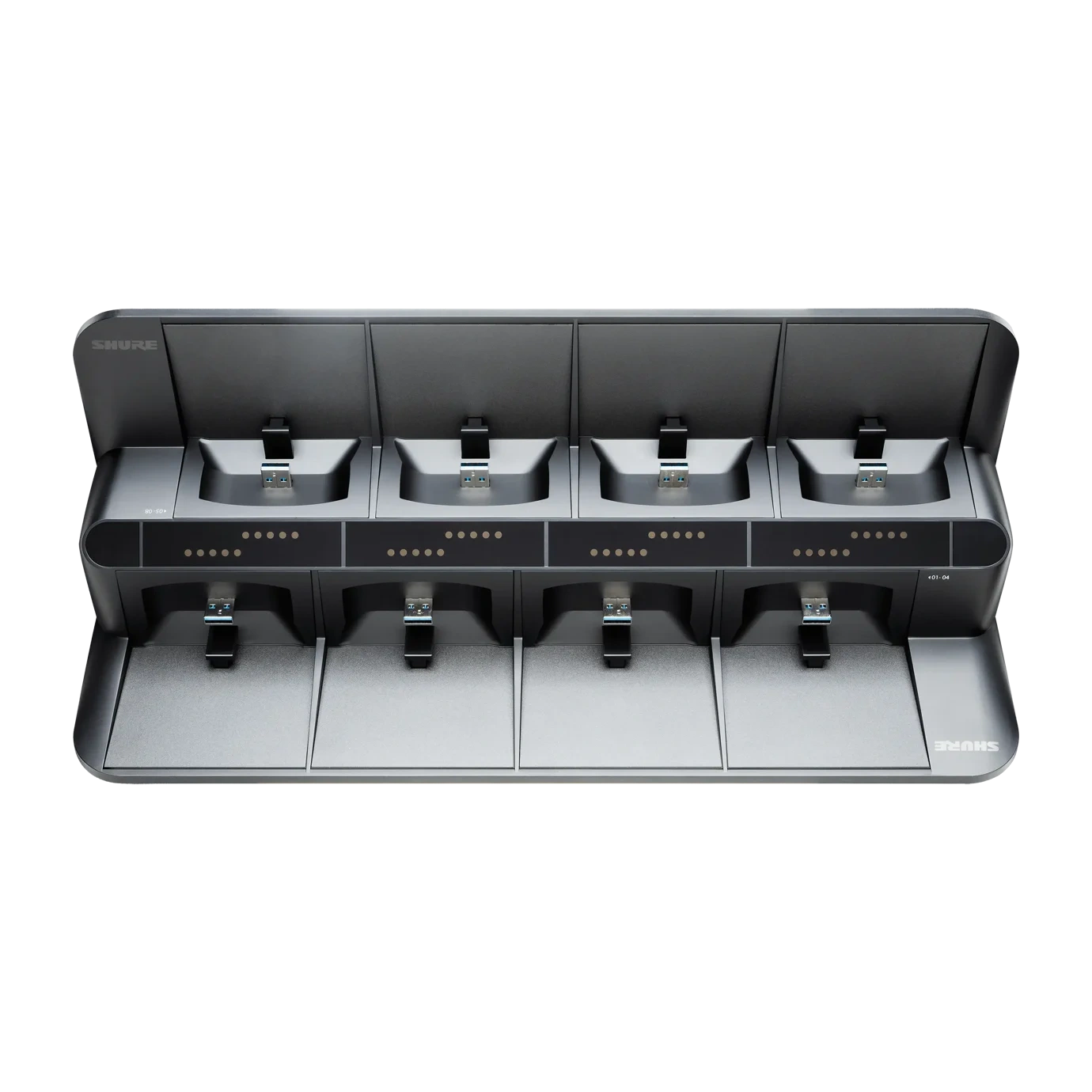 Shure SBC850 8-Bay Networked Docking Station Front View Shure SBC850 8-bay networked docking station with multiple charging bays and front panel controls
