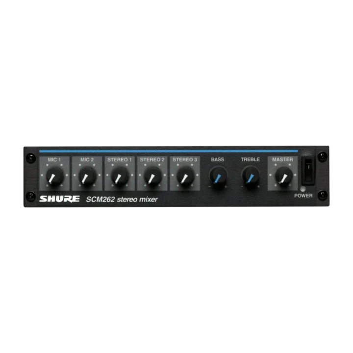 Shure SCM262 stereo microphone mixer with dual XLR inputs and level controls front panel