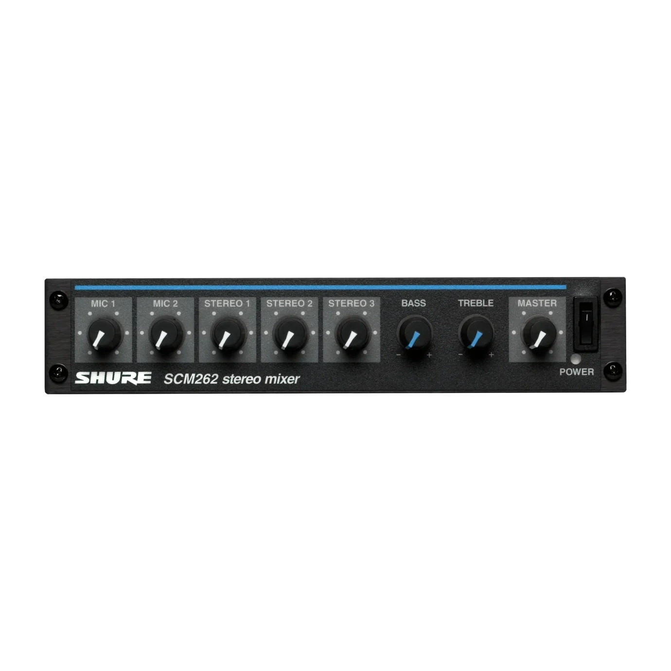 Shure SCM262 Stereo Microphone Mixer Front View Shure SCM262 stereo microphone mixer with dual XLR inputs and level controls front panel