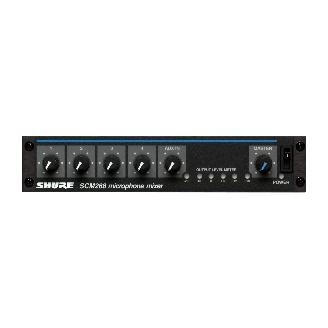 Shure SCM268 4-Channel Microphone Mixer Front View Shure SCM268 compact 4-channel microphone mixer with XLR inputs and level controls