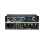 Shure SCM268 four-channel microphone mixer showing input controls, faders, and XLR connectors in detail