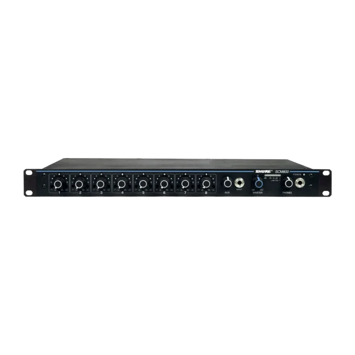 Shure SCM800 eight channel microphone mixer with faders and controls front view