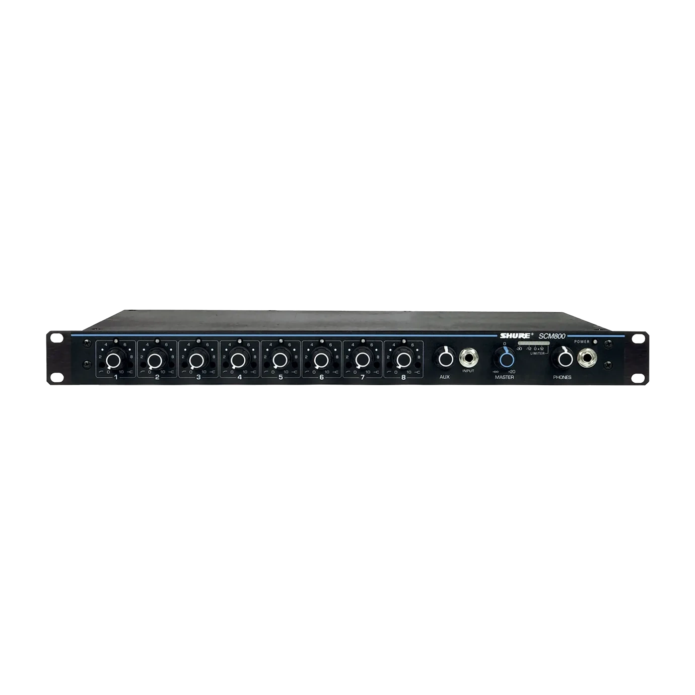 Shure SCM800 Eight Channel Microphone Mixer Front Shure SCM800 eight channel microphone mixer with faders and controls front view