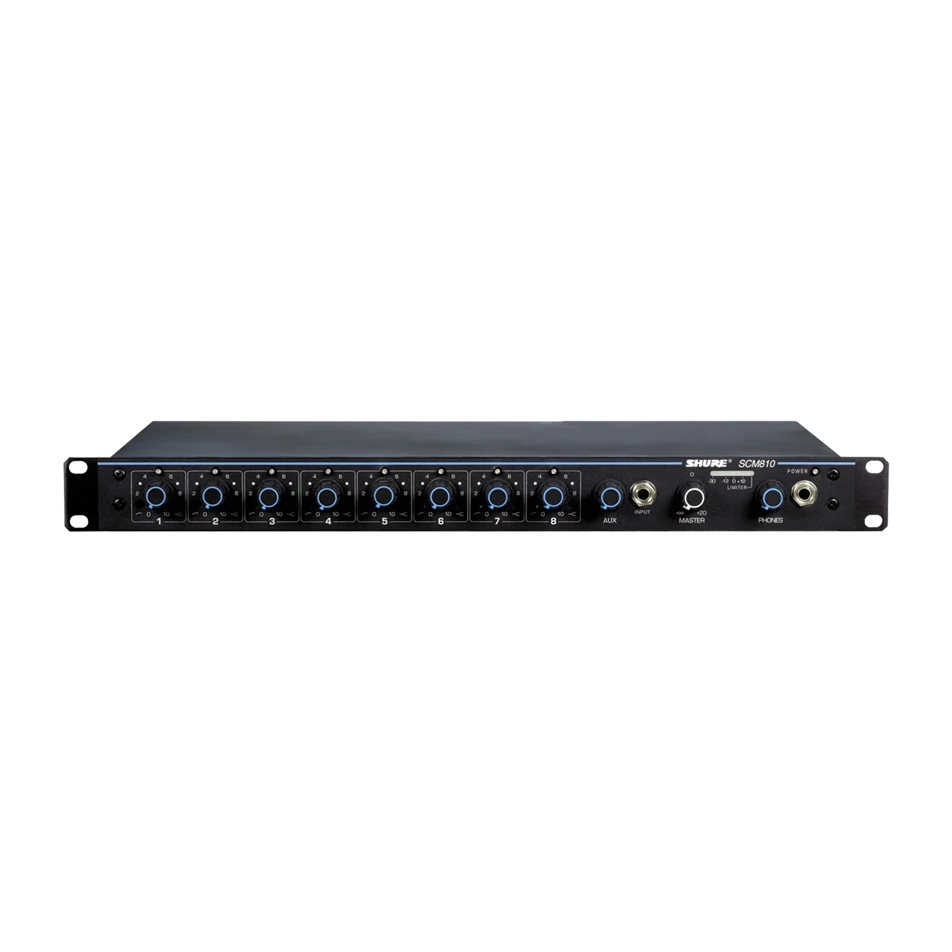 Shure SCM810 Eight Channel Automatic Mixer Front Shure SCM810 eight channel automatic mixer with front panel controls and input channels