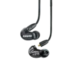 Shure SE215 black earphones with detachable cable and earpieces displayed