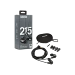 Shure SE215 black earphones showing driver housing and cable connector detail