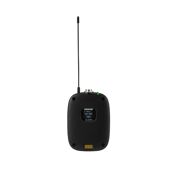 Shure SLXD1+ wireless bodypack transmitter with integrated microphone capsule and digital display