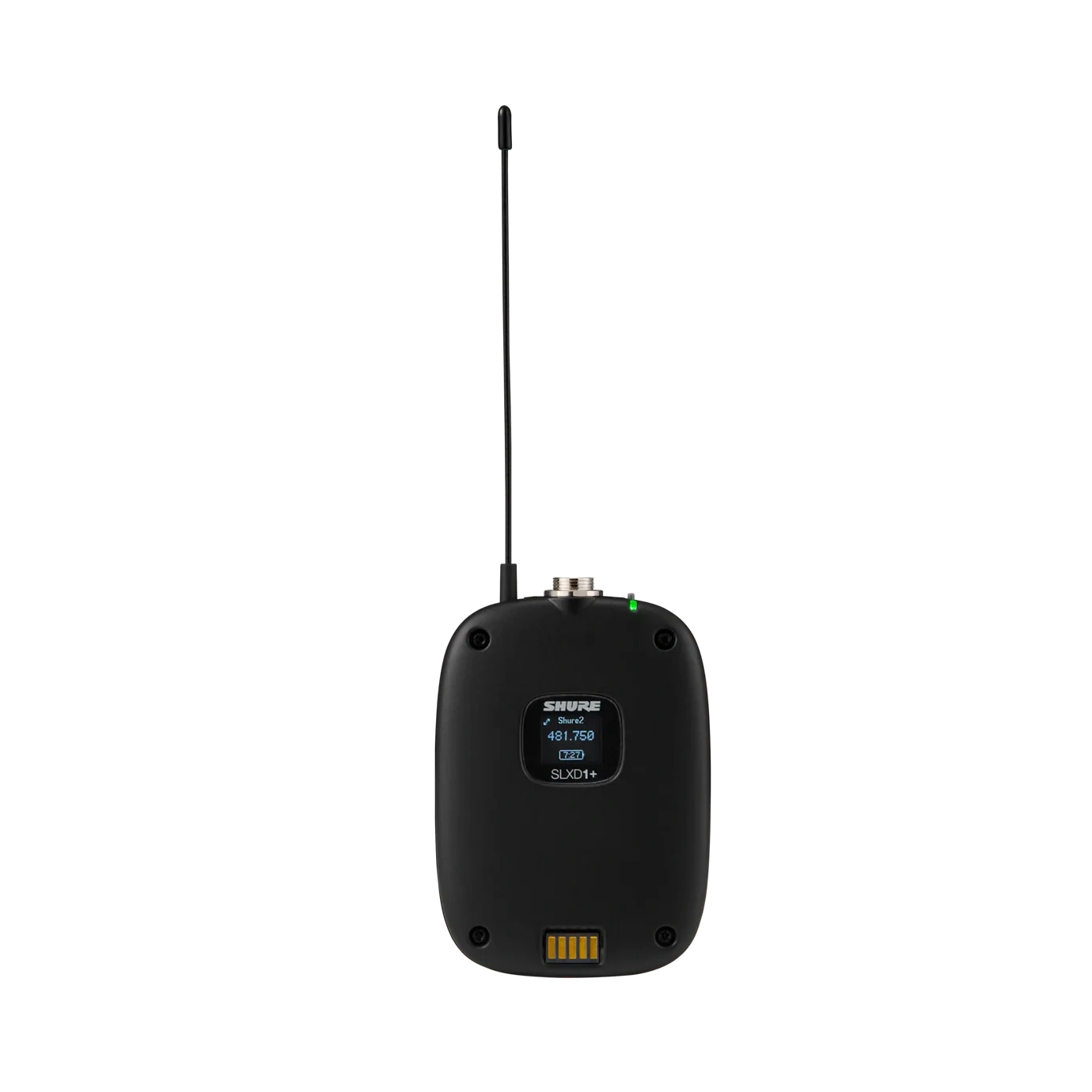 Shure SLXD1+ Wireless Bodypack Transmitter Front View Shure SLXD1+ wireless bodypack transmitter with integrated microphone capsule and digital display