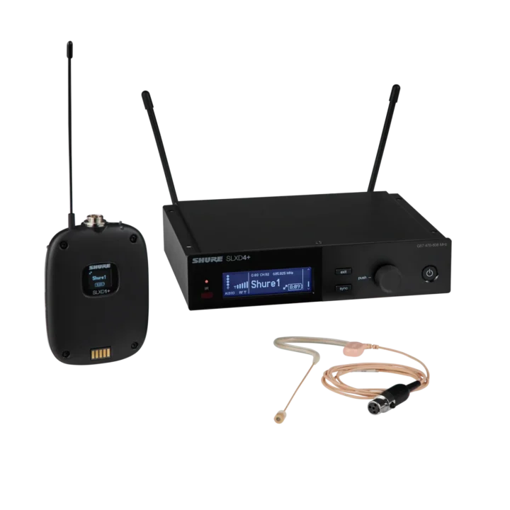 Shure SLXD14+/153T digital wireless bodypack system with MX153T headworn microphone front view