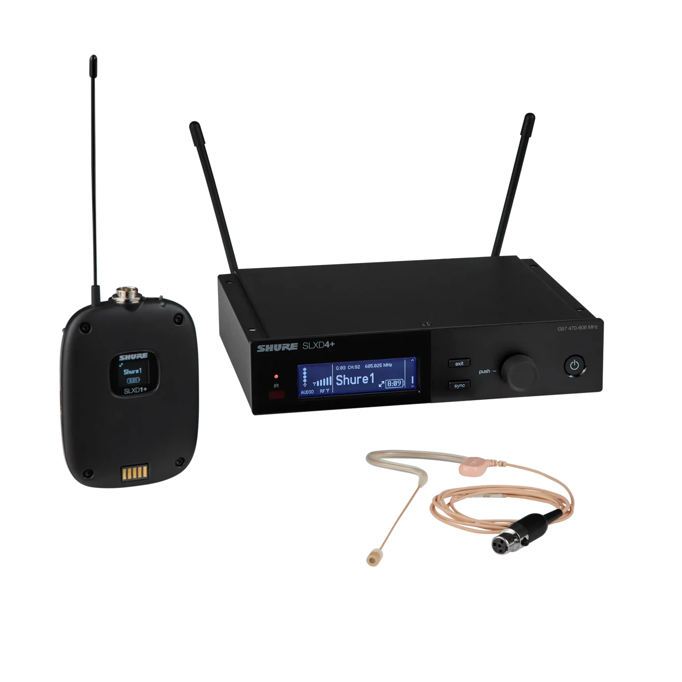 Shure SLXD14+/153T Digital Wireless Bodypack System Shure SLXD14+/153T digital wireless bodypack system with MX153T headworn microphone front view