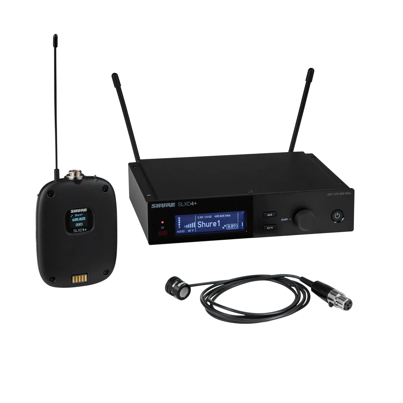 Shure SLXD14+/85M Digital Wireless Bodypack System Front View Shure SLXD14+/85M digital wireless bodypack transmitter with WL185m lavalier microphone included