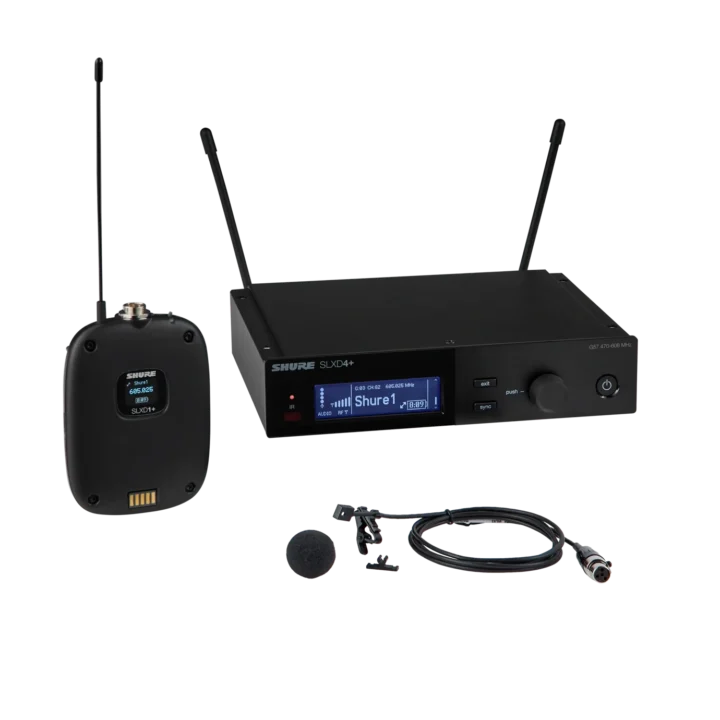 Shure SLXD14+/93 digital wireless bodypack transmitter with WL93 lavalier microphone front view