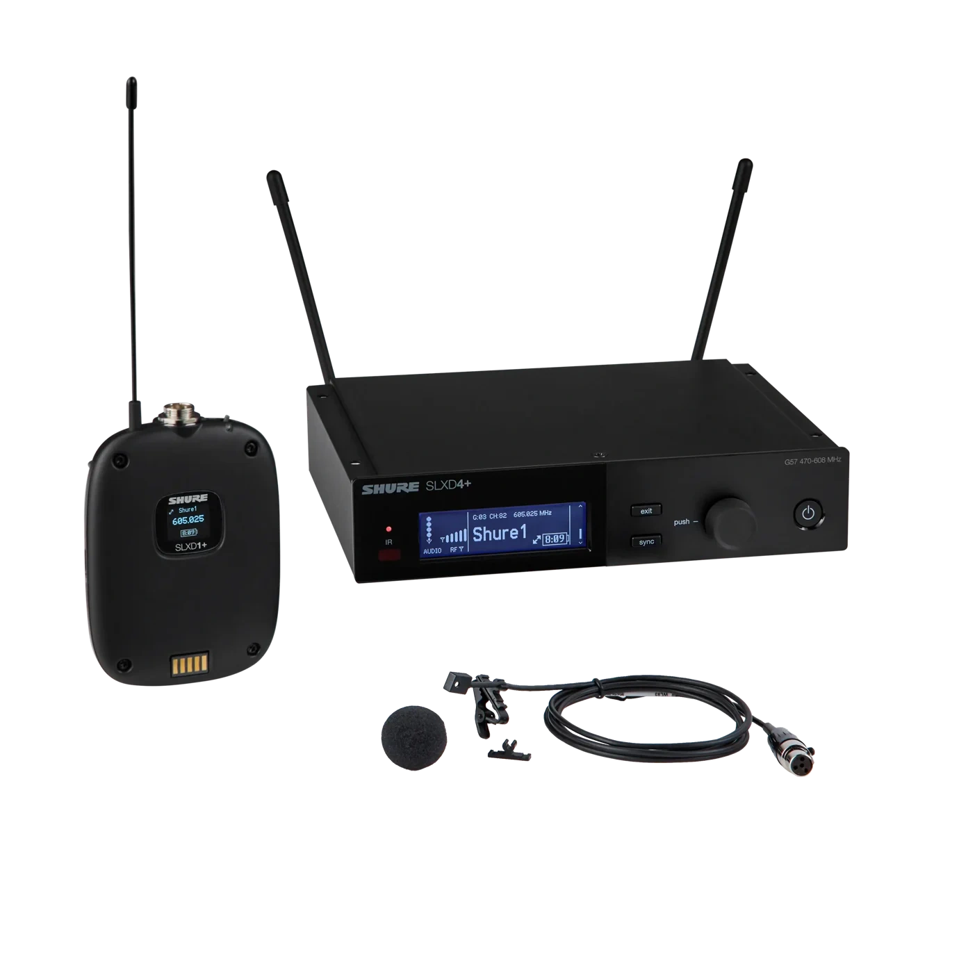 Shure SLXD14+/93 Digital Wireless Bodypack System Shure SLXD14+/93 digital wireless bodypack transmitter with WL93 lavalier microphone front view