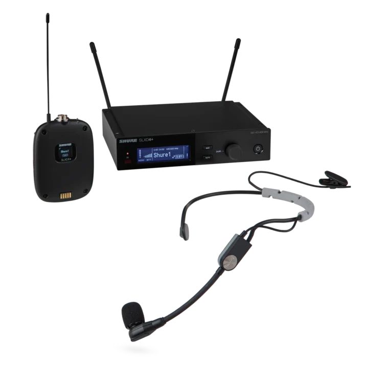 Shure SLXD14+ digital wireless bodypack transmitter with SM35 performance headset microphone front view
